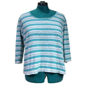 Cato T-Shirt Blouse Top 3/4 Sleeves Crew Neck Gray Turquoise Stripes XL